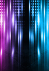 Obraz premium Empty background scene. Dark street reflection on wet asphalt. Rays of neon light in the dark, neon shapes, smoke. Background of an empty stage show. Abstract dark background.