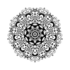 Round black mandala on white isolated background. Decorative ornament in ethnic oriental style.