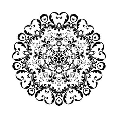 Round black mandala on white isolated background. Decorative ornament in ethnic oriental style.