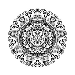Round black mandala on white isolated background. Decorative ornament in ethnic oriental style.