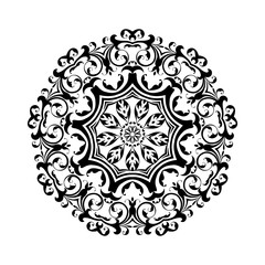 Round black mandala on white isolated background. Decorative ornament in ethnic oriental style.