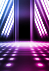 Empty background scene. Dark street reflection on wet asphalt. Rays of neon light in the dark, neon shapes, smoke. Background of an empty stage show. Abstract dark background.