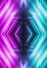 Dark abstract futuristic background. Neon lines glow. Neon lines, shapes. Blue and pink glow, blurry lights. Empty stage background