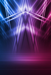 Empty background scene. Dark street reflection on wet asphalt. Rays of neon light in the dark, neon shapes, smoke. Background of an empty stage show. Abstract dark background.