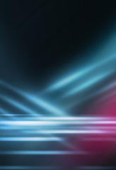 Empty background scene. Dark street reflection on wet asphalt. Rays of neon light in the dark, neon shapes, smoke. Background of an empty stage show. Abstract dark background.