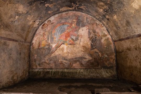 Fresco Representing the Mithras divinity was killing a white bull, inside of the Mithraeum of Ancient Capua.