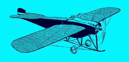 Flying historical racing monoplane aircraft on a blue background. Editable in layers