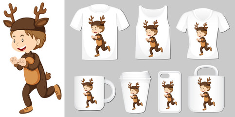 Graphic of boy in deer costume on different types of product template