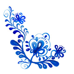 Watercolor flower arrangement in  blue gzhel style. Hand drawing  Decorative floral design elements, for Fabric, textile. Elegant blossom for inviting, celebrate, greeting cards, brochures. Folk. Art