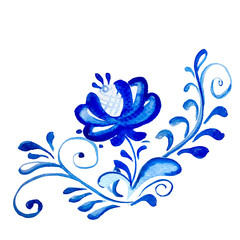 Watercolor flower arrangement in  blue gzhel style. Hand drawing  Decorative floral design elements, for Fabric, textile. Elegant blossom for inviting, celebrate, greeting cards, brochures. Folk. Art