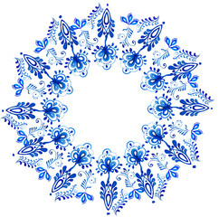 Watercolor card with blue watercolor floral background in folk gzhel style. Hand drawn template for greeting, christmas, wedding card or invitations  with space for text. Elegant lace frame. Circle