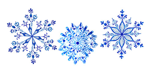 Watercolor Christmass snowflake   blue color  in folk gzhel style. Hand drawn beautifull vintage for greeting, christmas design. Motif. Happy New Year. Elegant lace ornate.  Indigo, cobalt. Poster