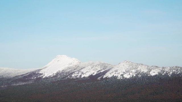 Panorama of Taganay Mountain Ridge Peak Covered with Snow. Winter in Taganay National Park in the Urals, Russia