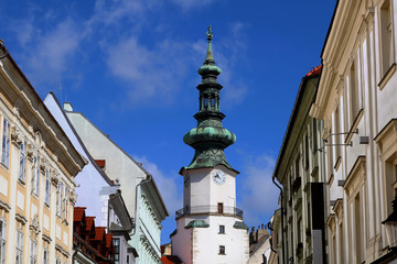 Fototapeta premium Michael's Gate and cityscape of buildings in old town, Bratislava, Slavakia. View from elevation point. Top view