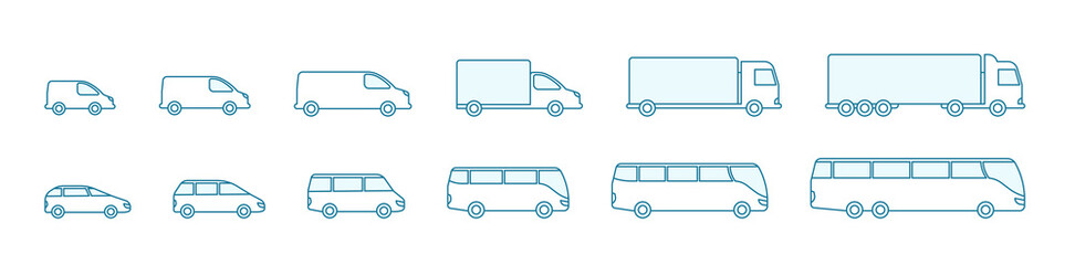 The size of the transport icon set. Compact standard long. Transportation of passengers buses and cargo trucks. From small to large. Outline contour blue line vector. © Ilia