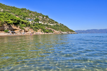 Obraz premium Golden beach of Psili Ammos West near Votsalakia on the Greek island of Samos.