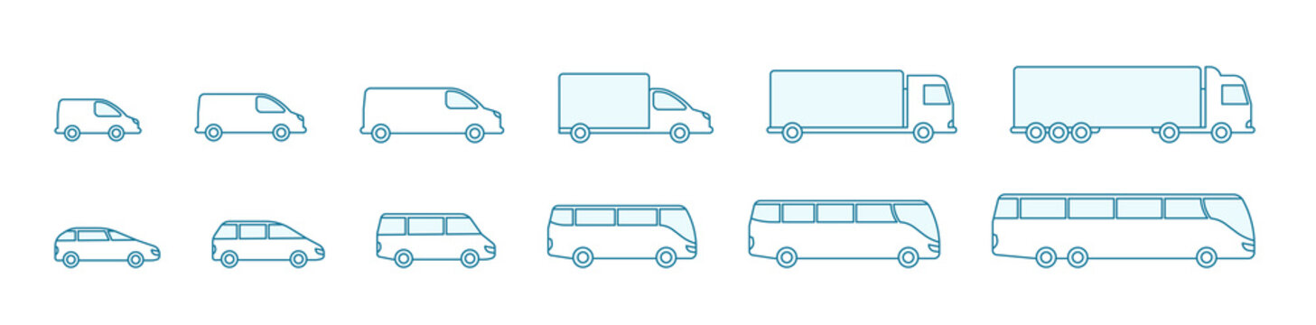 The Size Of The Transport Icon Set. Compact Standard Long. Transportation Of Passengers Buses And Cargo Trucks. From Small To Large. Outline Contour Blue Line Vector.