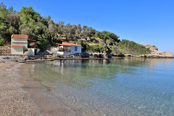 Fototapeta na wymiar The secluded, only accessible on foot or by boat beaches Mikro Seitani Beach and Megalo Seitani Beach on the Greek island of Samos.