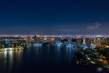 Aerial night photo Aventura Florida Biscayne Bay