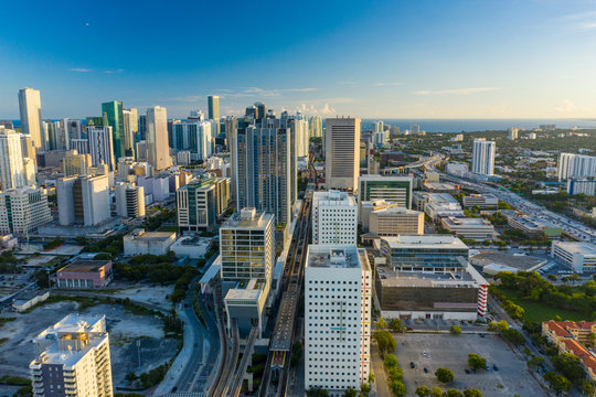 Aerial photo railroad running through Downtown Miami Virgin Miamicenter brightline