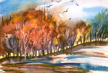 Autumn abstract landscape, watercolor painting. Trees, leaf fall, hills, October nature.