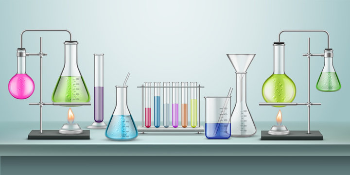 Laboratory Flasks With Pipes. Chemical Or Chemistry Lab With Tubes And Heating Fire. School Experiment. Glassware Connected Containers For Reaction. Biology Test And Education Table, Pharmacy,medicine