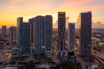 Fototapeta na wymiar Aerial photo sunset behind highrise buildigns City of Miami Downtown no logos