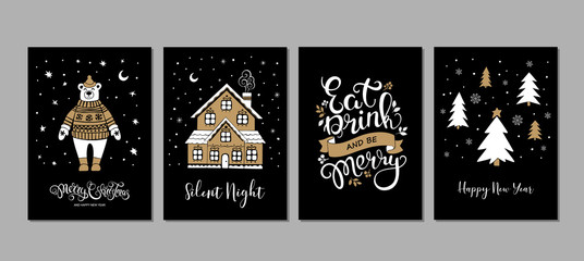 Happy New Year, Merry Christmas greeting cards set with bear, fir tree, house and lettering. Vector illustration.