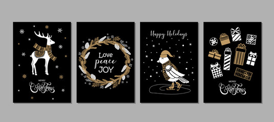 Happy New Year, Merry Christmas greeting cards set with bird, deer, gift boxes, fir tree wreath, calligraphy. Vector illustration.