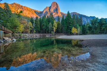 Scenic view of mountain with river foreground,shoot in the sunset in Autumn season,Yosemite National park,California,usa.
