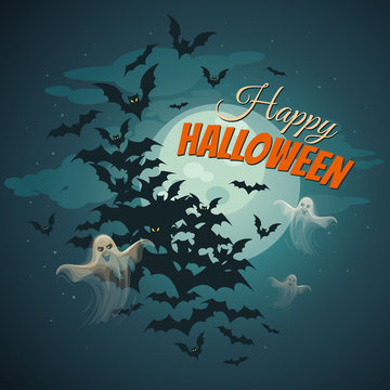 Square Halloween banner with bats, ghosts, clouds and moon on dark background.