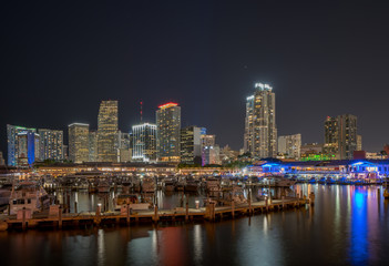 Obraz na płótnie Canvas Night aerial drone photo Bayside Downtown Miami Marina harbor