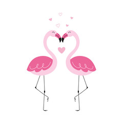 Obraz premium Cute pink flamingos in a love kiss, valentine, hearts. Hand-drawn vector illustration.