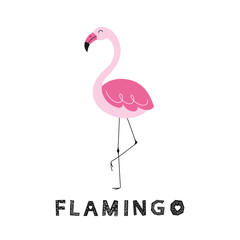 Hand-drawn cute pink flamingo. Isolated illustration on a white background.