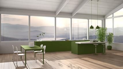 Fototapeta na wymiar Modern minimalist green colored kitchen with island and dining table with chairs, parquet, wooden roof and big panoramic windows with mountain view, interior design concept idea
