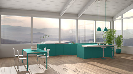 Modern minimalist turquoise colored kitchen with island and dining table with chairs, parquet, wooden roof and big panoramic windows with mountain view, interior design concept idea