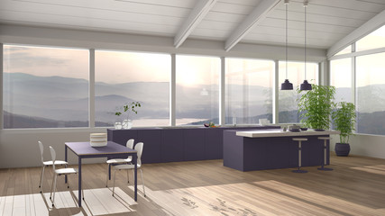 Modern minimalist violet colored kitchen with island and dining table with chairs, parquet, wooden roof and big panoramic windows with mountain view, interior design concept idea