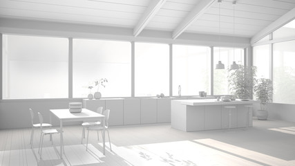 Fototapeta na wymiar Total white project draft of modern minimalist kitchen with island and dining table with chairs, parquet floor, wooden roof and big panoramic windows, interior design concept idea