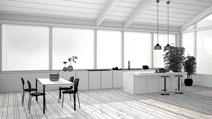 Unfinished project of modern minimalist kitchen with island and dining table with chairs, parquet floor, wooden roof and big panoramic windows, interior design concept idea
