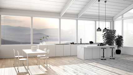 Architect interior designer concept: unfinished project that becomes real, minimalist kitchen with island and dining table, parquet, wooden roof and panoramic windows, interior design