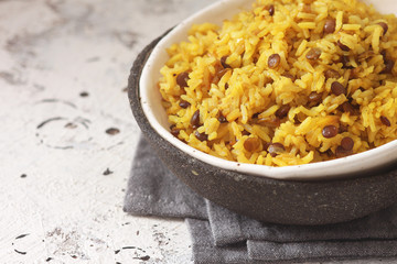 Vegetarian Mujaddara-Rice with Lentils and Turmeric. Traditional Arabic , Israeli food