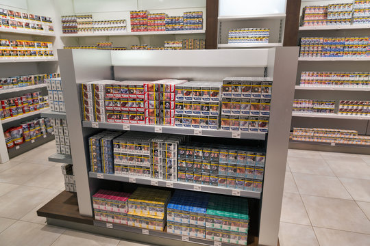 Cigarette Store Shelf In Travel Free Shop. Skofije, Slovenia.