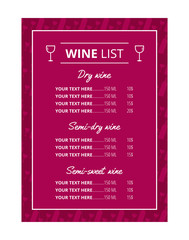 Elegant wine list template with glasses. Vector illustration with sample text. Usable for restaurant, wine tasting, bar, cafe. Standard scaled size (8,5*14 in)