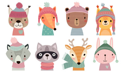 Christmas set with Cute forest animals. Hand drawn woodland characters. Greeting flyers.