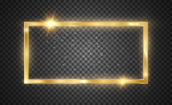 Gold glitter with shiny gold frame on a transparent black background. Vector luxury golden background.