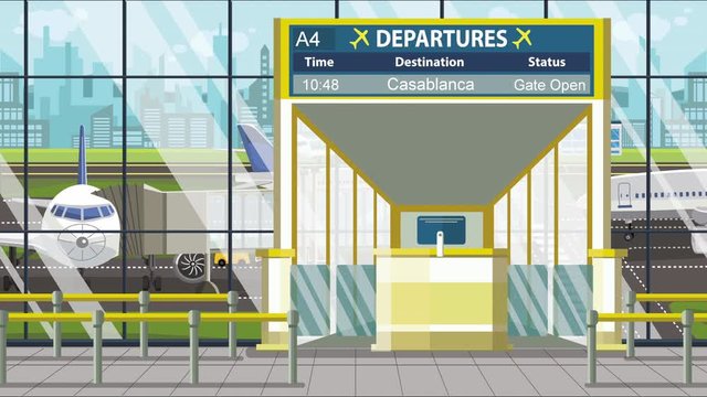 Airport departure board with Casablanca caption. Travel in Morocco related loopable cartoon animation
