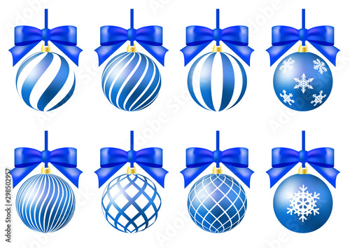 青色のクリスマスオーナメントとリボンセット Wall Mural Rrice