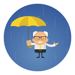 Old Boss Businessman - Standing in Rain with Umbrella