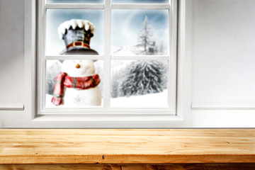 desk of free space and winter window 