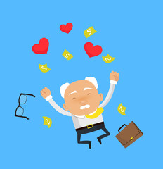 Old Boss Businessman - Jumping with Hearts and Money